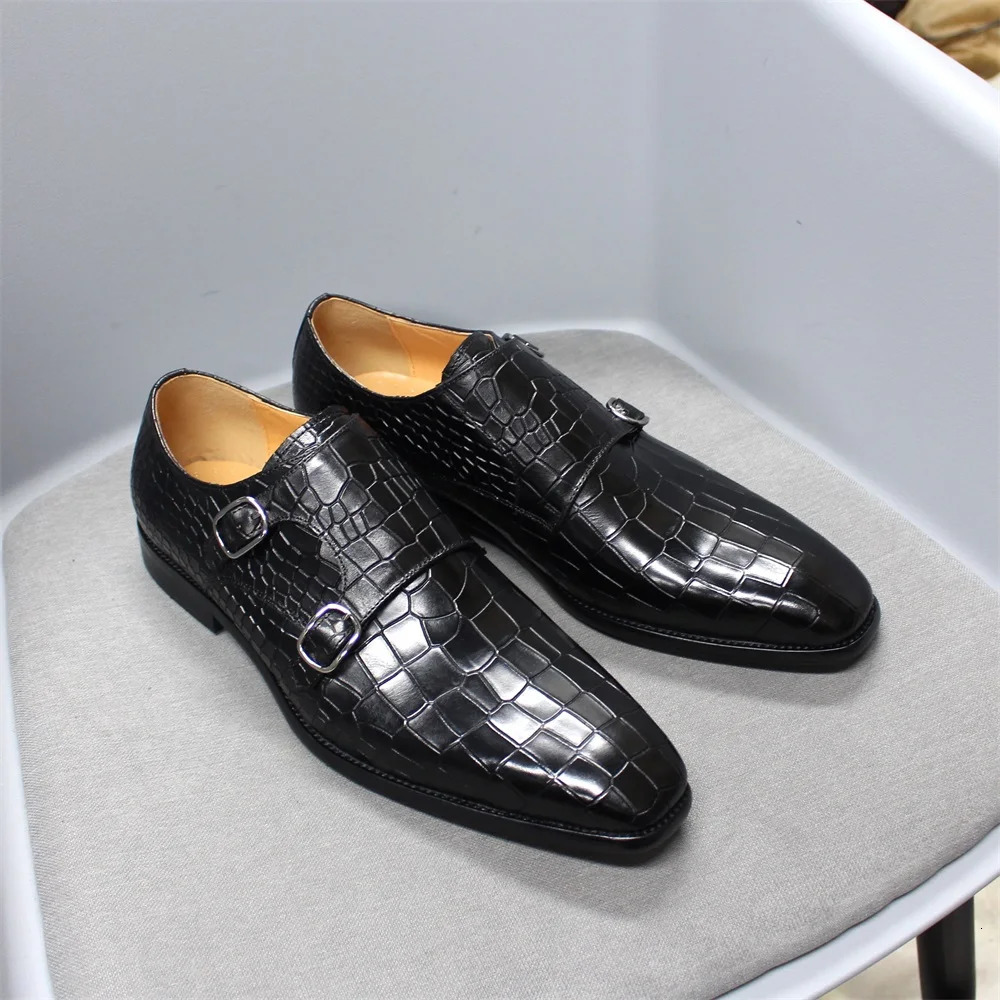 Mens Classic Elegant Black Leather Monk Shoes with Buckle Pattern for Office Wedding and Party Dress 251106