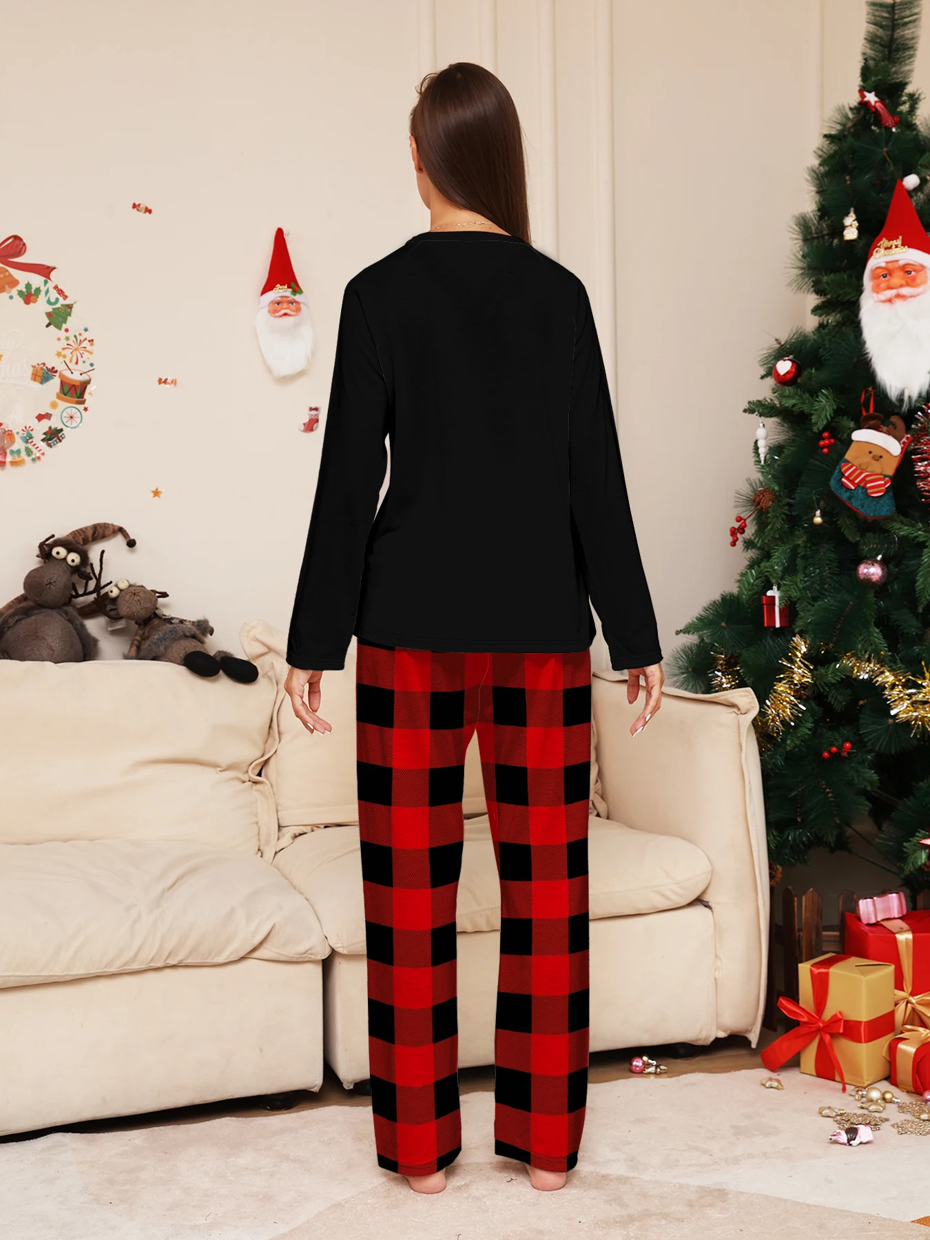 Festive Christmas Couple Pajamas Set Long Sleeve Merry Christmas Print Black Top Red Plaid Pants Loungewea 251106