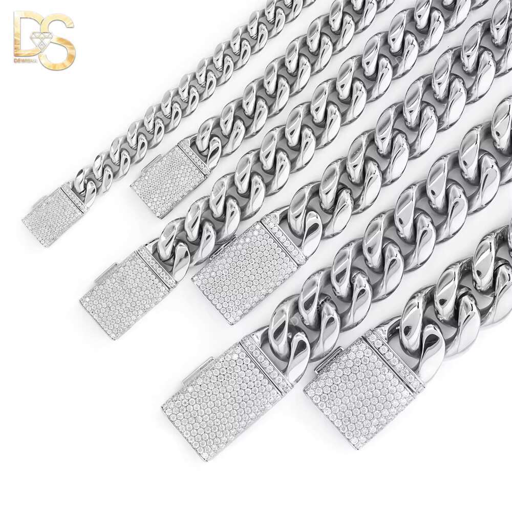 Wholesale 925 Silver Moissanite Diamond Clasp 8mm-18mm Stainless Steel Miami Cuban Chian Bracelet Necklace