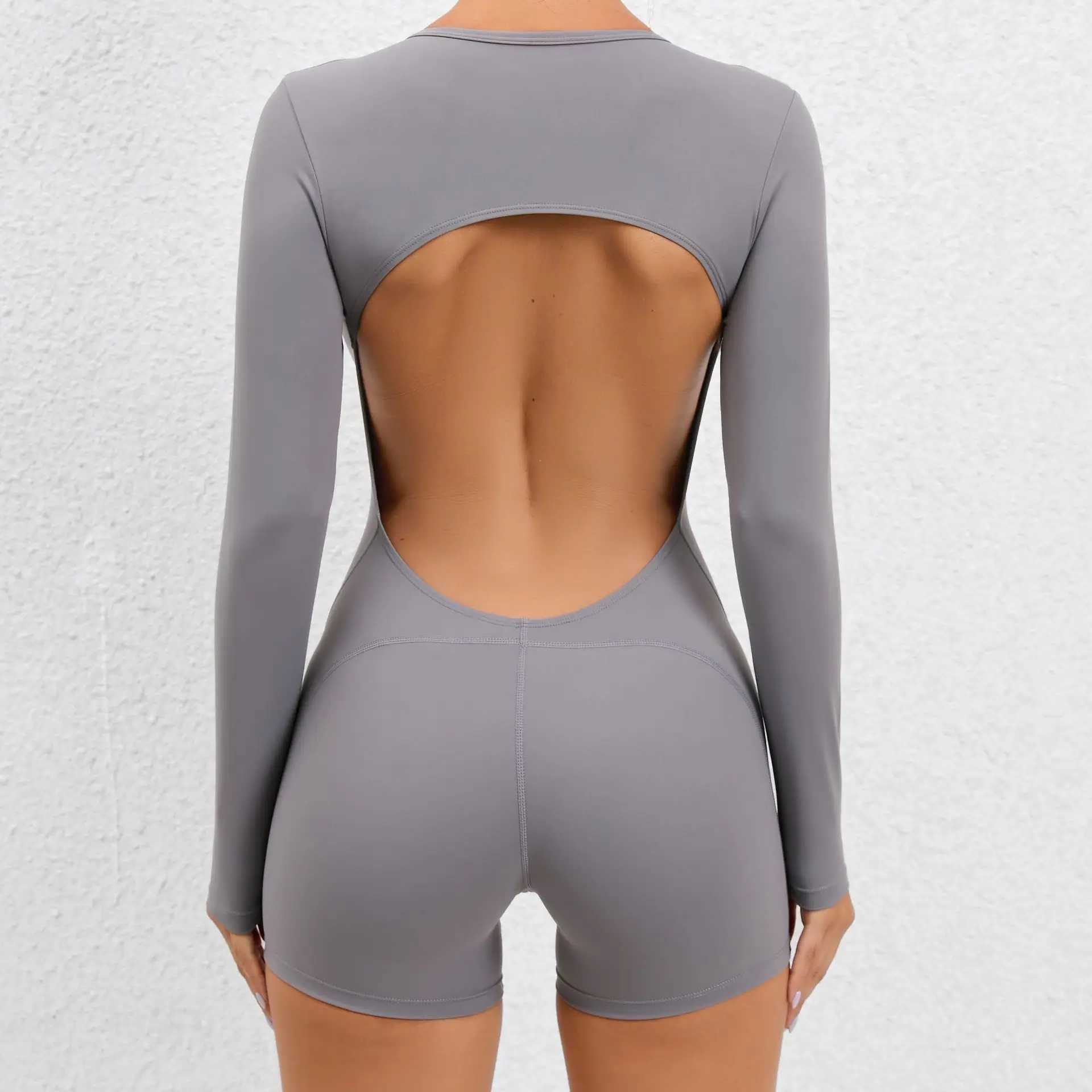 2025 backless yoga set jumpsuit one-piece short sleeved womens fitness gym jacket long sleeved womens sportswearW250411