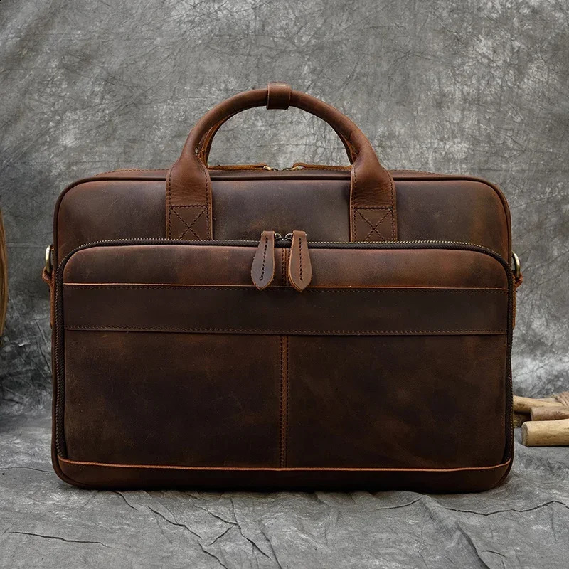 Vintage laptop briefcase genuine leather handbag casual 156inch business bag daily work mens 250409