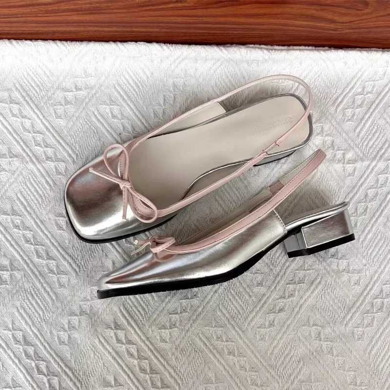 Summer 2025 Womens Apartment Silver Boat Shoes Square Toe Sliding Flat Shoes Womens Ballet Flat Shoes Comfortable Bow Womens SandalsXJ250410
