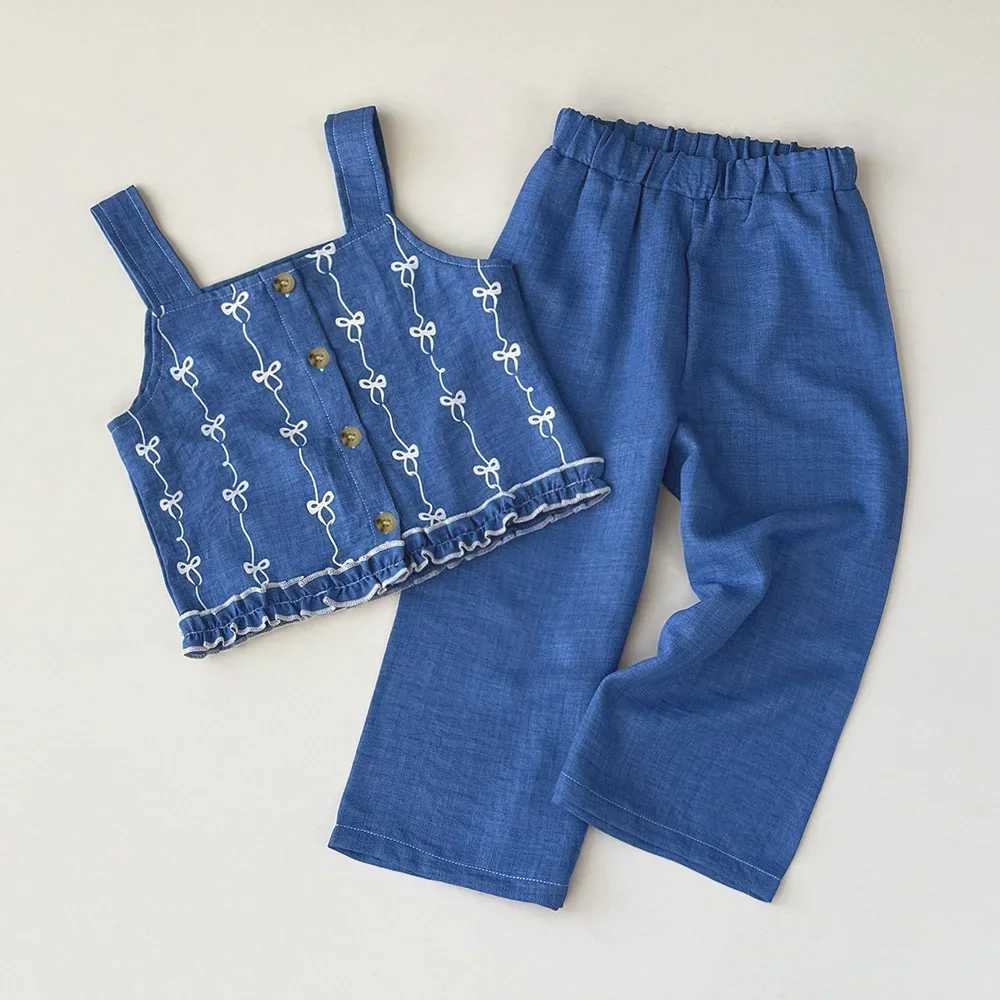 Summer new 2025 baby girl set imitates denim bow print sleeveless top and pants two-piece casual childrens clothingXJ250410