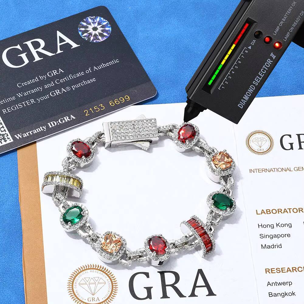 NUOYA 15mm New Arrival Hip Hop Bracelet 925 Silver Platinum Geometric Chain Colorful VVS Moissanite Jewelry