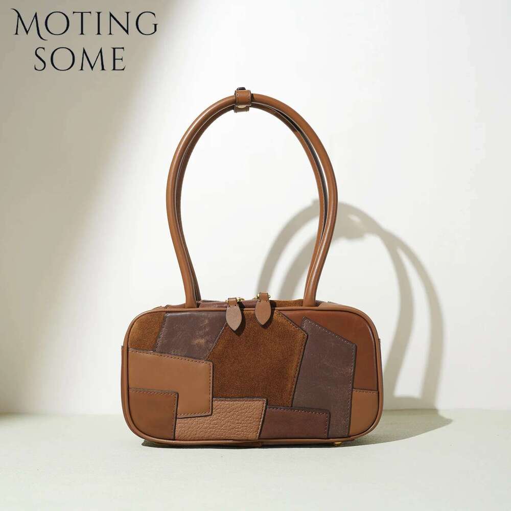 Motingsome 2025 First Layer Cowhide Woman Bag Designer Retro Splicing Bowg Briefcase Shoulder Handbag Underarm Tote