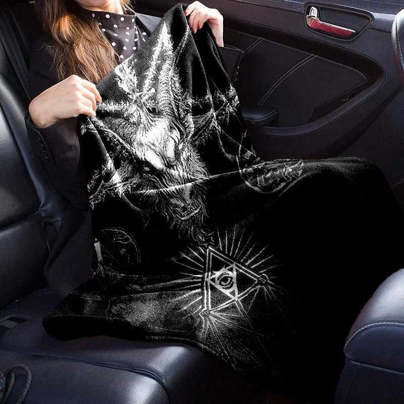 Satanic Goat Head Flannel Blanket Soft All-Season Black White Mystical Pattern with Pentagram Flames Gothic Home Decor C251111