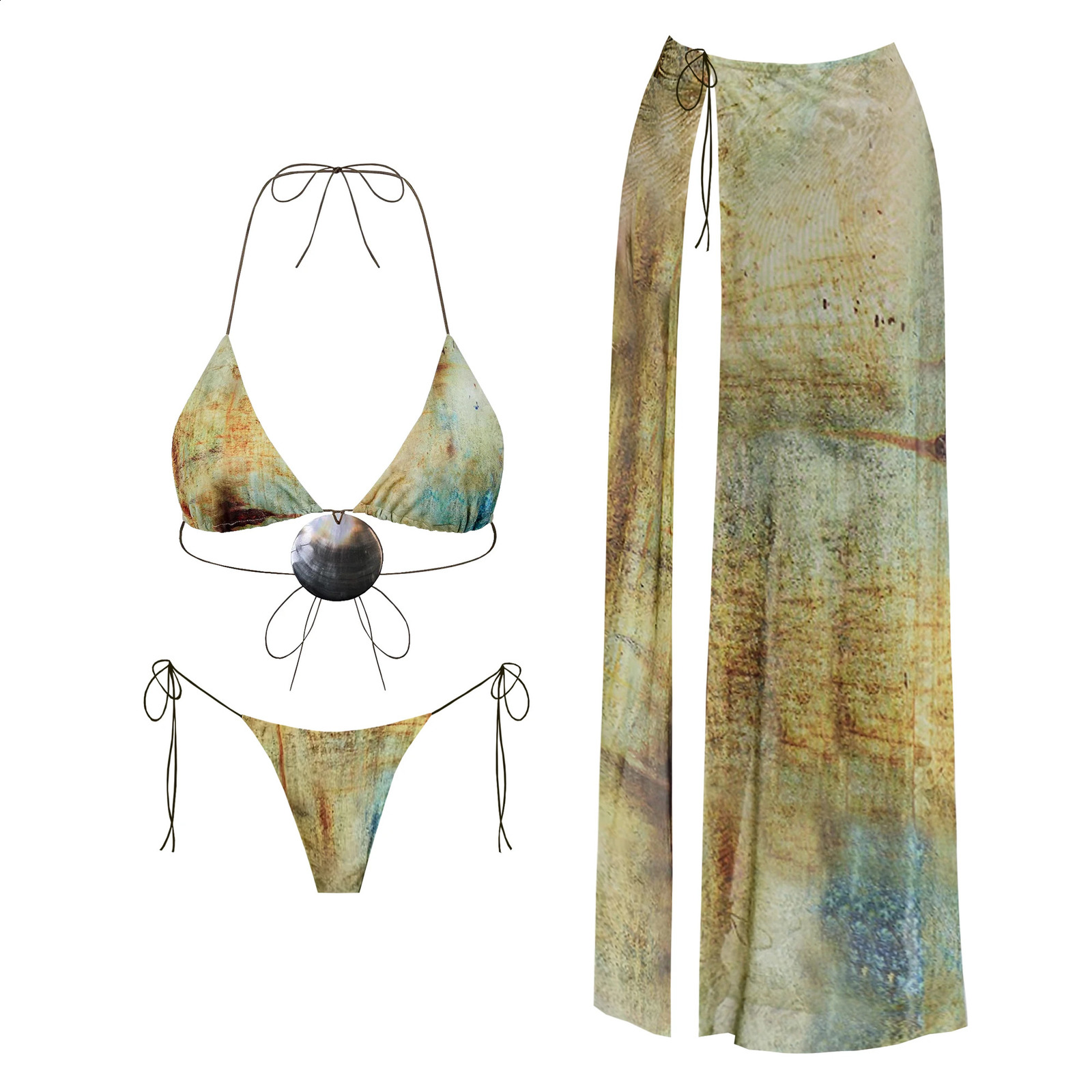3Pc Shell Bikini Sexy Women Swimsuit With Long Skirt Mirco Swimwear High Cut Biquini Female Bathingsuit Print Bodysuit Beachwear 250410