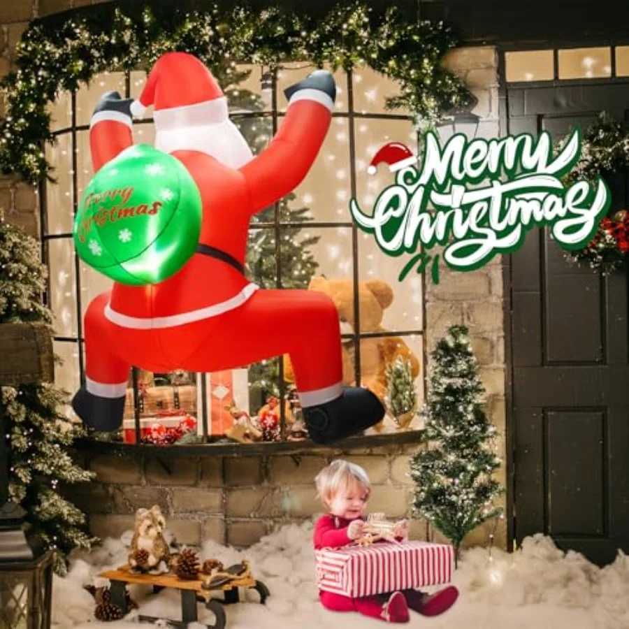 Christmas 6FT Christmas Inflatable Decorations Hanging Santa Builtin Bright LEDs Climbing Santa Claus with Gift Bag for Window Wall Outdo Y251111