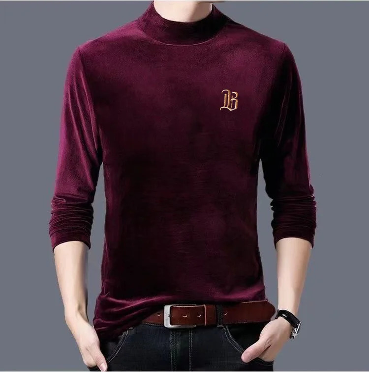 2025 Velvet Thickening Embroidery Golden Fleece Sweater Minimalism Pure Color HalfHighCollar Top TShirt 251104