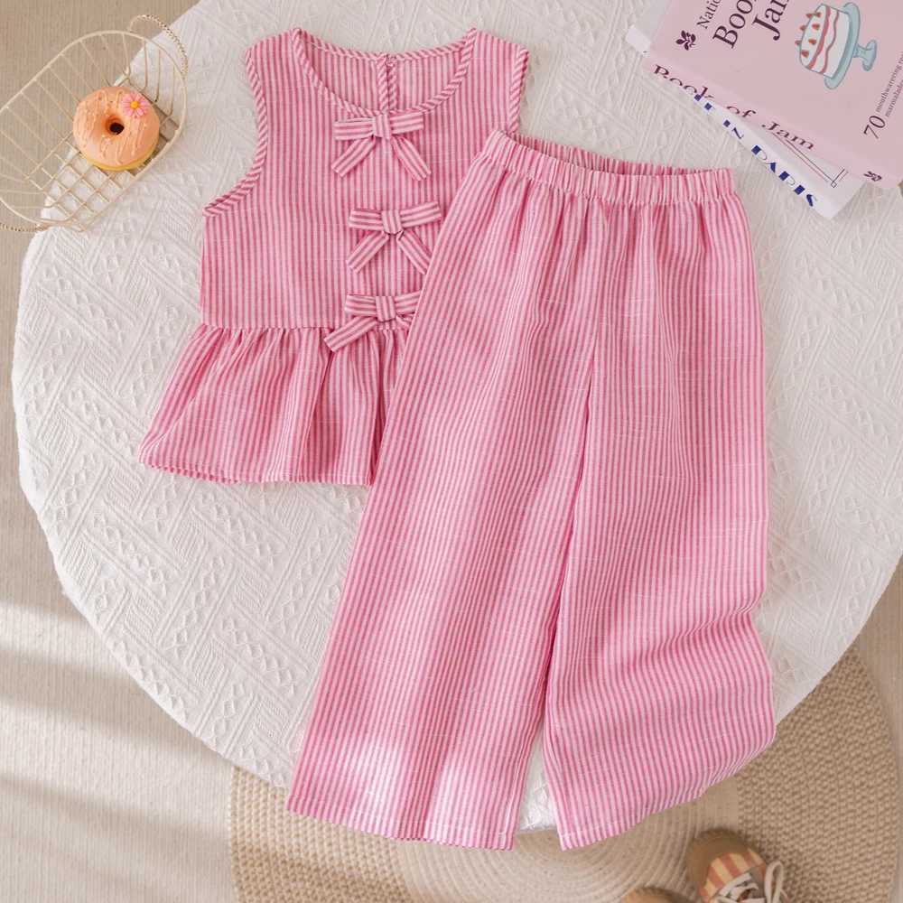 Summer girls set pink vertical stripe bow sleeveless vest+pants two-piece set cute childrens clothing setXJ250410