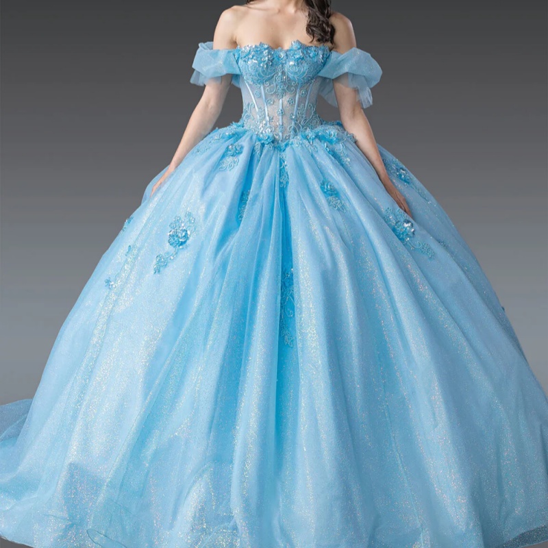 Sky Blue Shiny Princess Quinceanera Dresses Off Shoulder Beads Applique Lace Tull Corset Sweet 16 Dress Ball Gown Vestidos 15 Anos