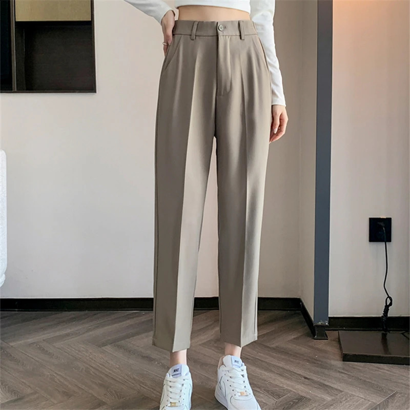Womens high waisted suit pants for spring and summer solid button casual loose ankle length khaki work clothes for women 250408