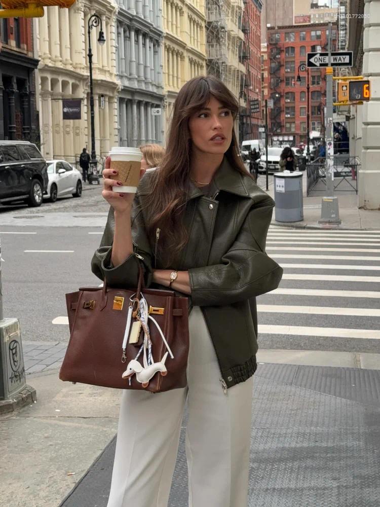 Women's Jackets Army Green Leather Pleated Jacket Vintage Casual Long Sleeved Elastic Waist Zipper Pocket Loose Wear Autumn Daily Coat 2025