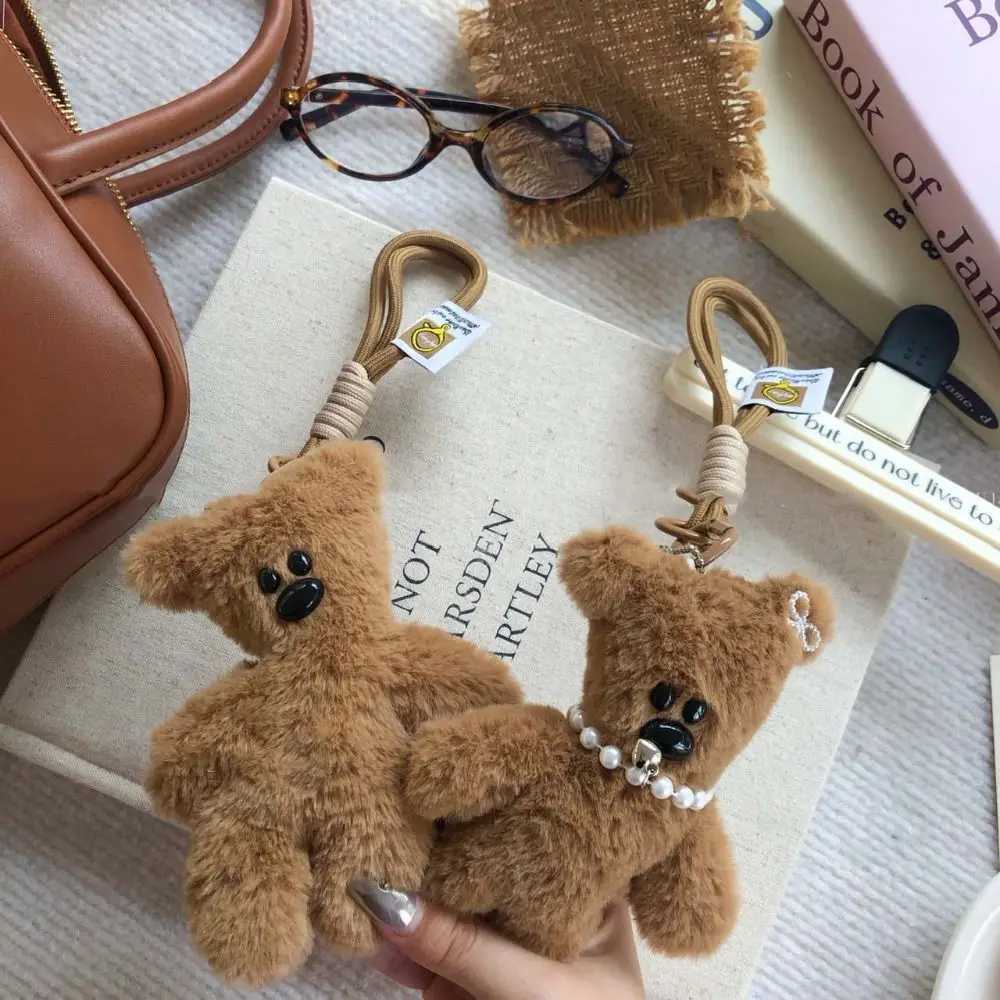 Cute pearl plush bear keychain bow bag hanging plush doll Kawai decoration car keychain friend W250411