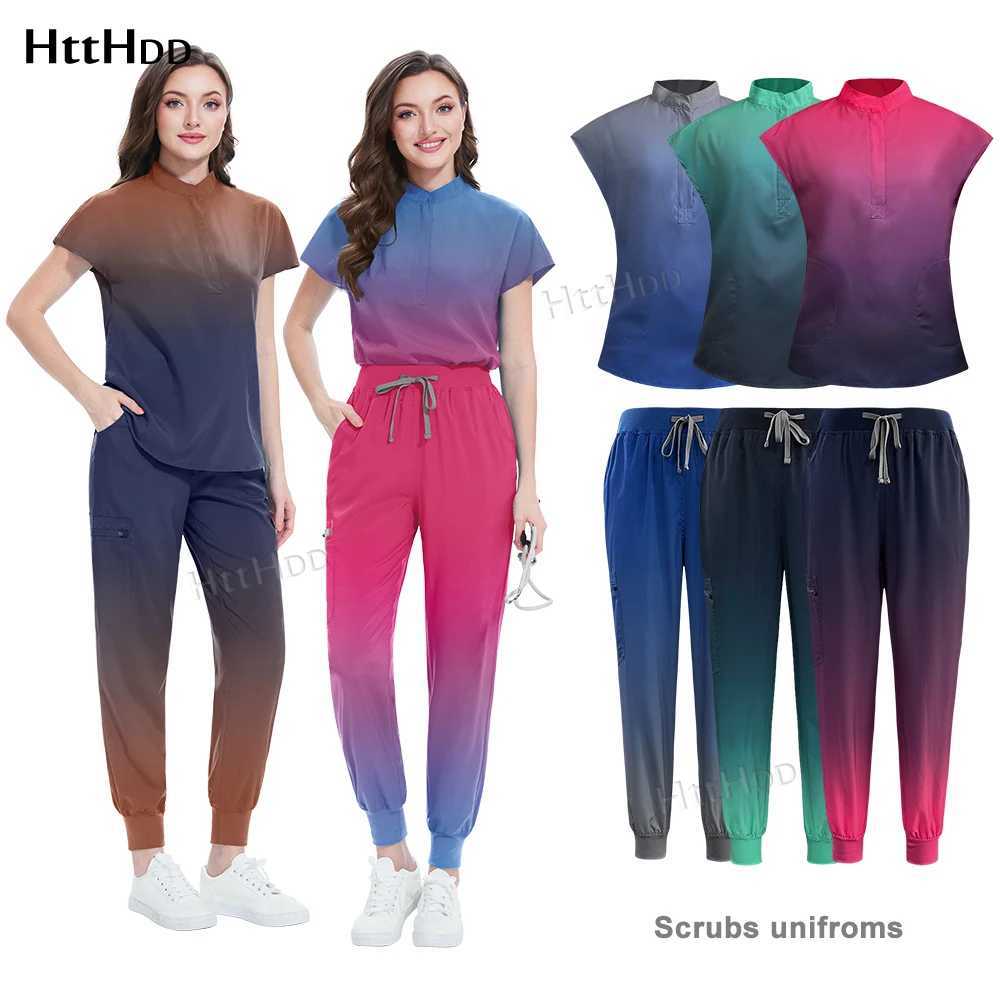Niaahinn Scrub Hospital Medical Nurse Scrubs Top Pants Sets Unisex Womens Beauty Sn Gradient Color Scrubs Uniforms X2505281