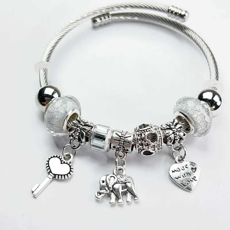 Adjustable Silver Color Alloy Elephant Heart Pendant Artificial Zircon Bangle Round Bead Bracelet Cuff for Women Elegant WeddingC250410