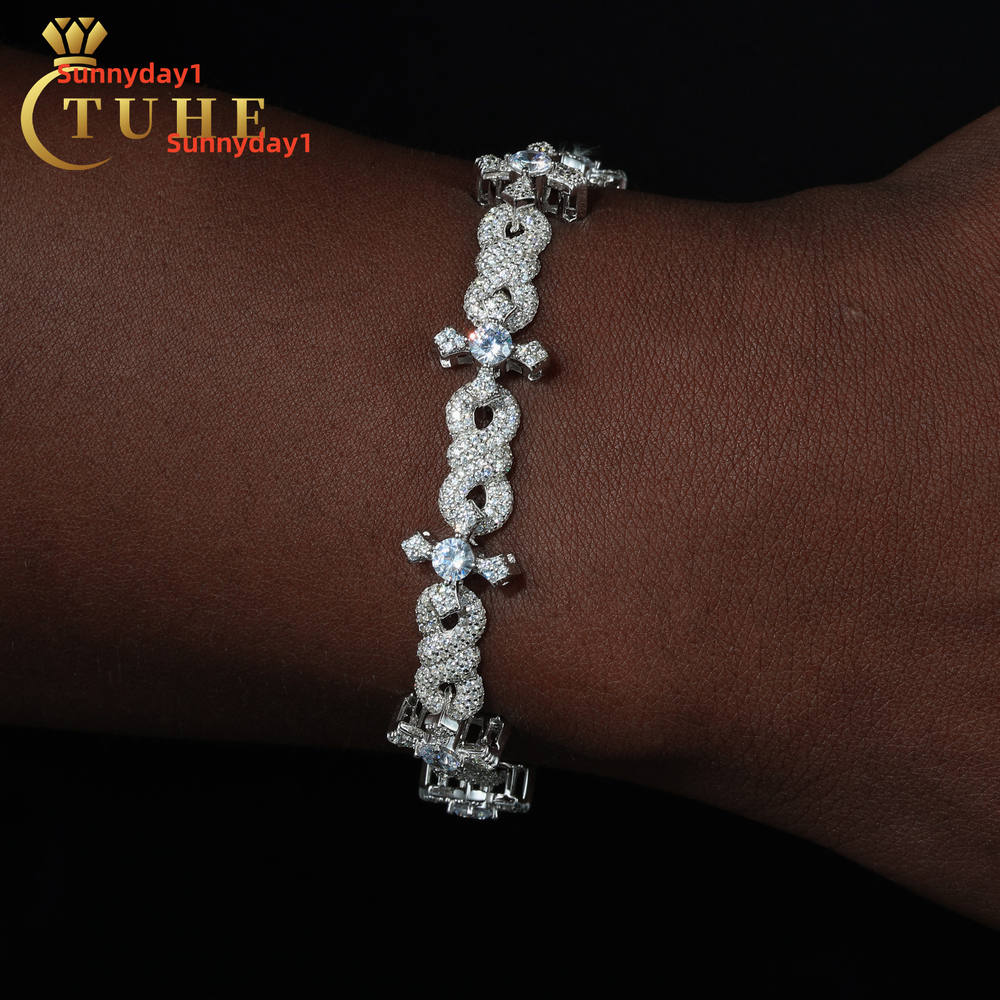 Hip Hop Jewelry 12mm White Gold 925 Sterling Silver VVS Moissanite Diamond Iced Out Infinity Cross Link Bracelet