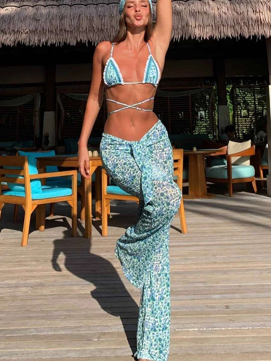 Triangle Print Bikinis Halter Swimwear Women'S Three Piece Swimsuit With Ties Sexy Bathing Suit Mesh Long Trousers Black Biquini