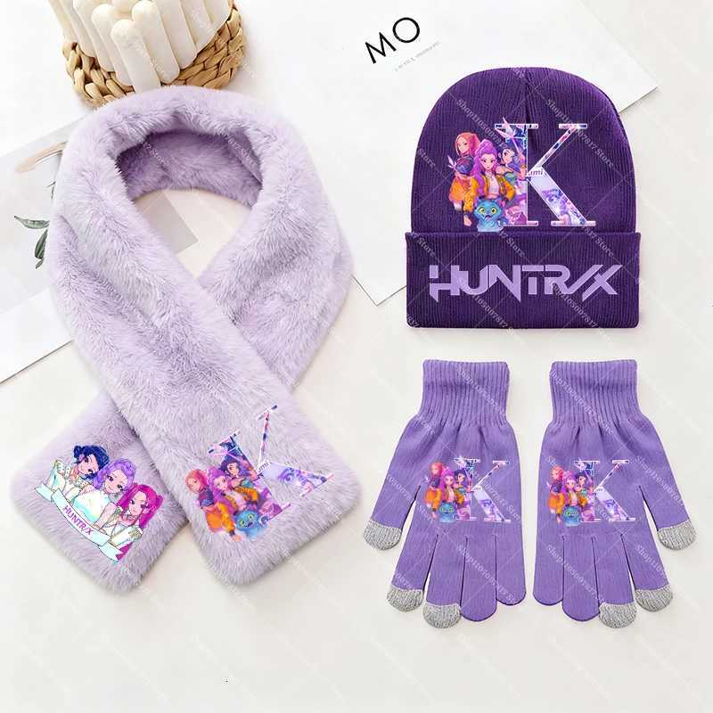KPop Demon Hunters Kids Knitted Hat Scarf Gloves Set Winter Casual Cute Accessories 3PCS Knit Cap Scarfs Glove Girl Xmas Gifts Z251111