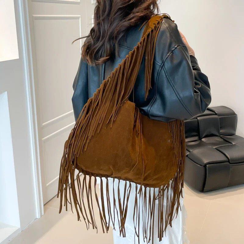 Tassel Large Capacity Ethnic Shoulder Bags Summer Vacation Womens Handbags Solid Color Faux Suede Bags for Women 251110