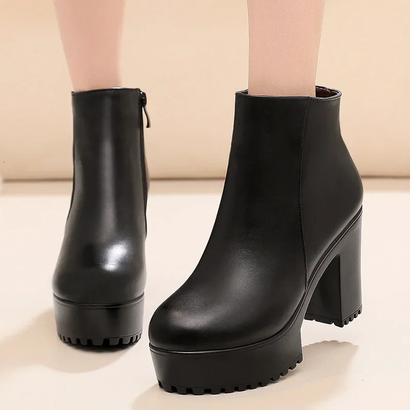8cm 10cm Small Size 33-43 Thick Bottom Platform Shoes Ankle Boots with Fur Block High Heels Genuine Leather Boots Office 251110