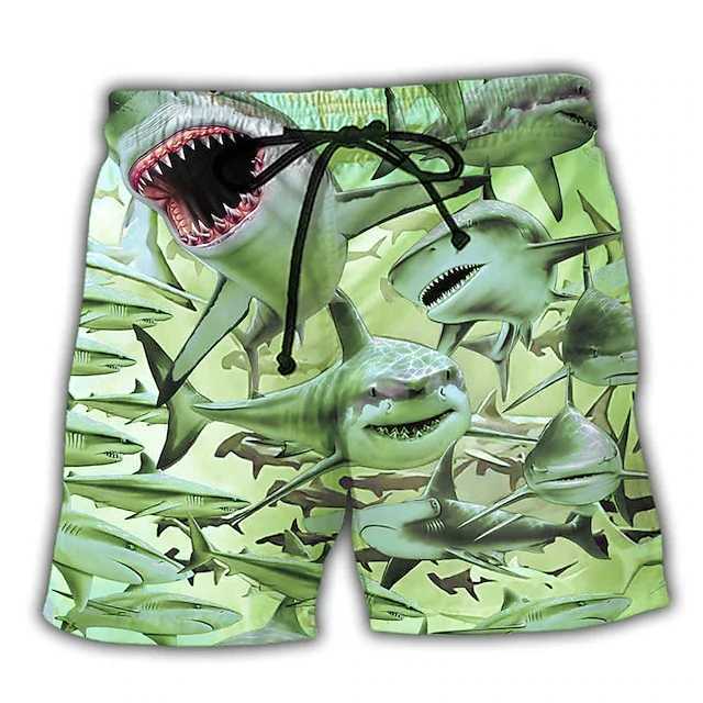 New mens board shorts swimming shorts drawstring shark graphic printing fast drying casual holiday Hawaiian shortsW250410