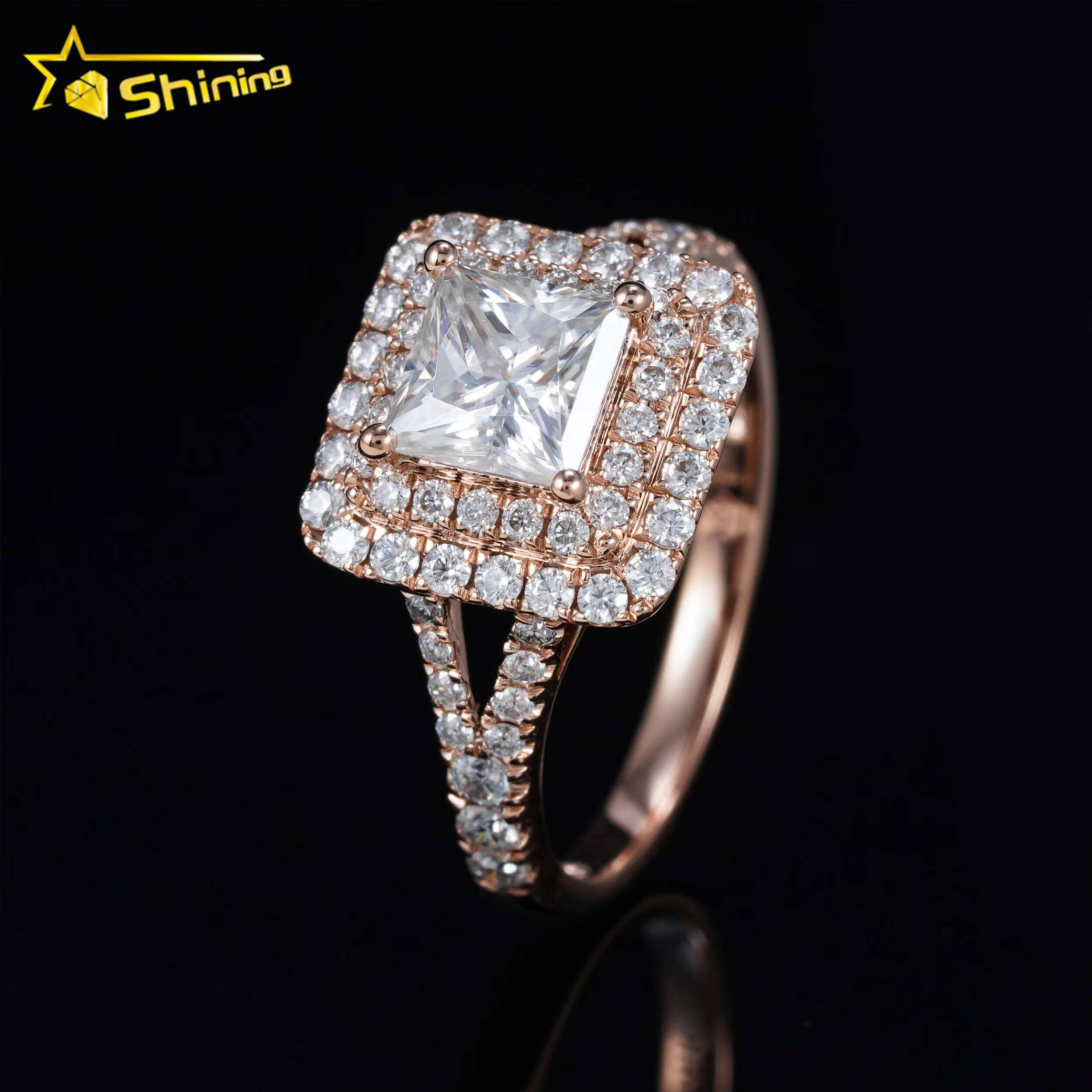 New Halo Design14K Soild Gold 6x6mm 12ct Princess Moissanite Diamond Ring Custom Fancy Shape Wedding Rings for Women