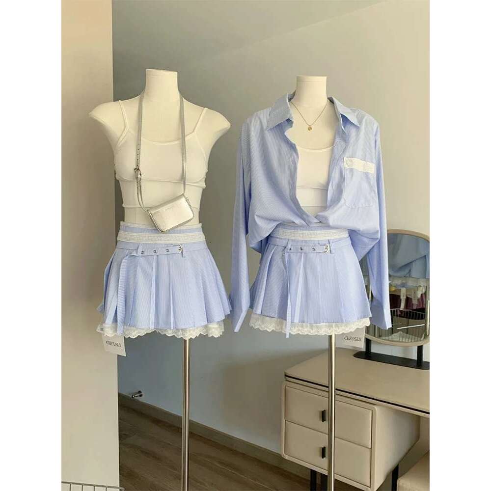 Autumn Women Old Money Striped Korean Stylish Suit Outfits 2 Piece Set Long Sleeve Shirts + Ballet Core Mini Lace Pleated Skirt