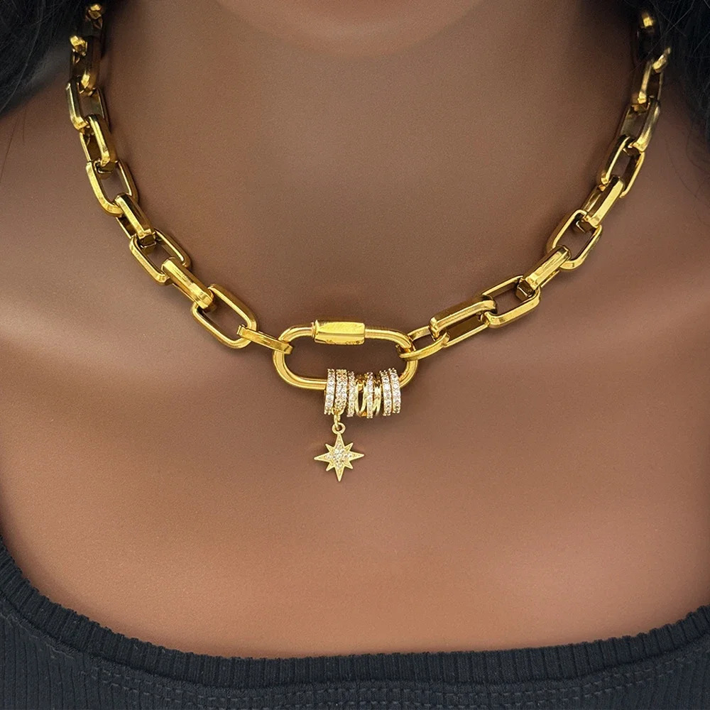 Jewelry 18k Gold Plated Short and Fat Stainless Steel Chain Buckle Paving Charm Zircon Charm Necklace YF3677 250409