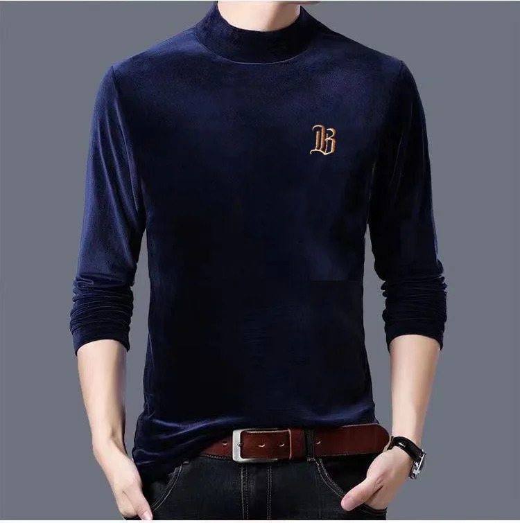 2025 Velvet Thickening Embroidery Golden Fleece Sweater Minimalism Pure Color HalfHighCollar Top TShirt 251104