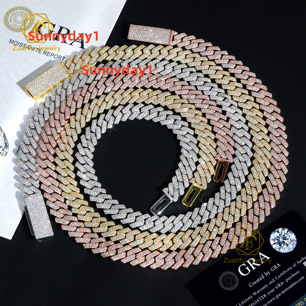 Fine Jewelry S925 Sterling Cuban Link Moissanite Necklace 2Row 12mm VVS Moissanite Diamond Cuban Chain