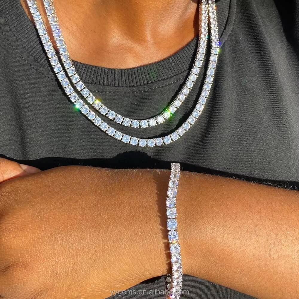 GRA Certificates Stock 2mm 3mm 4mm S925 White Gold Plated Hip Hop Jewelry D Color Moissanite Diamond Tennis Chain Bracelet Men