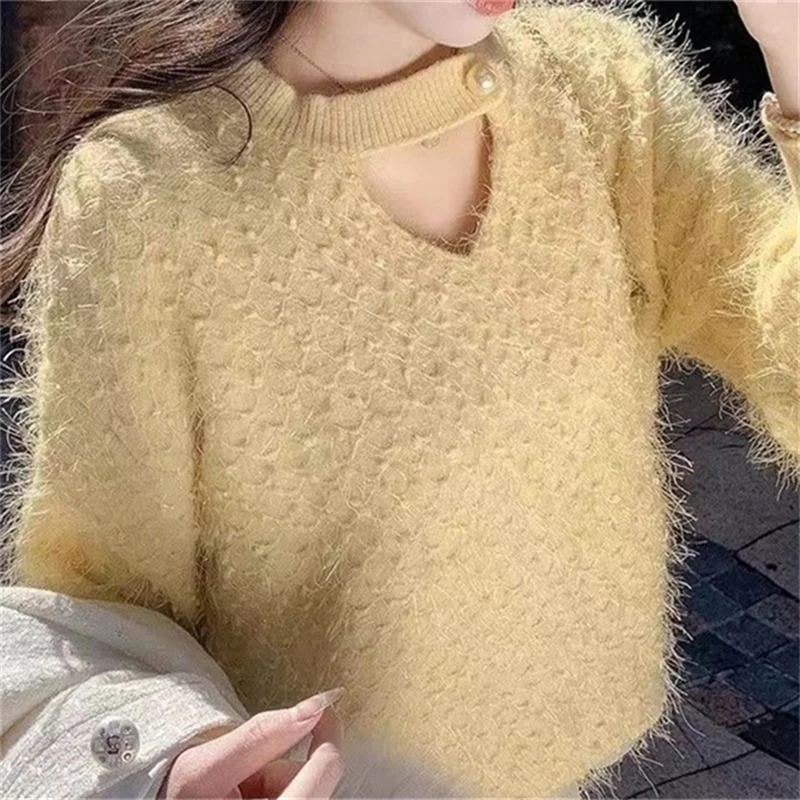Christmas Style Hollow Fluffy Sweaters Women Hairy Long Sleeve Knitwear Woman Loose Knitting Sweater Female 251106