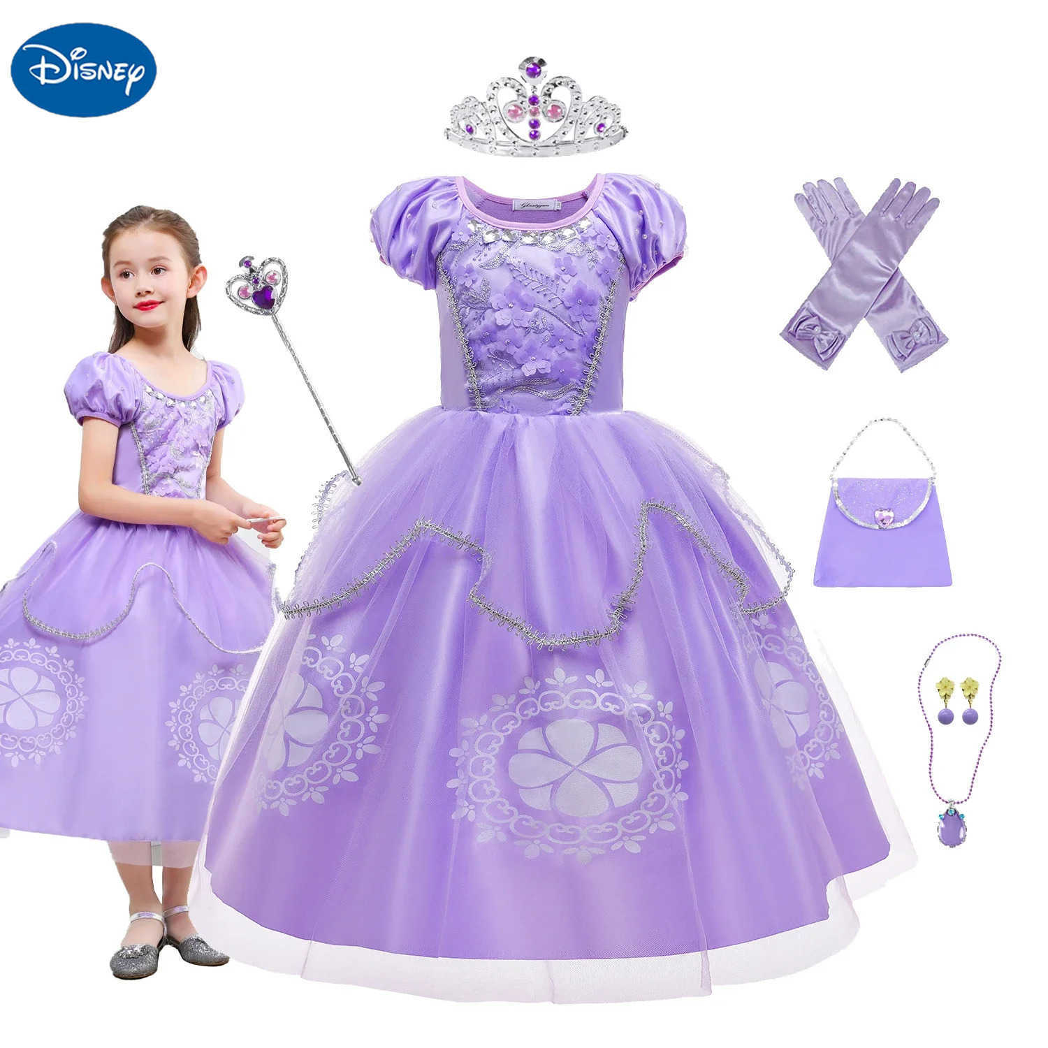 Disney Cartoon Sofia the first anime costume girl princess dress floral decal dance dress childrens carnival dress Sofia role-playing robeXJ250411