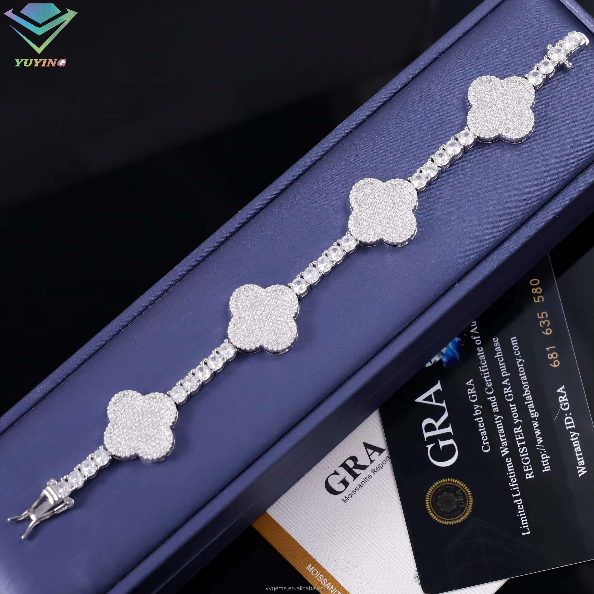 Hip Hop Iced Out Diamond Clover Bracelet 3mm Wide 925 Silver VVS1 Moissanite Tennis Bracelet with GRA Certificate