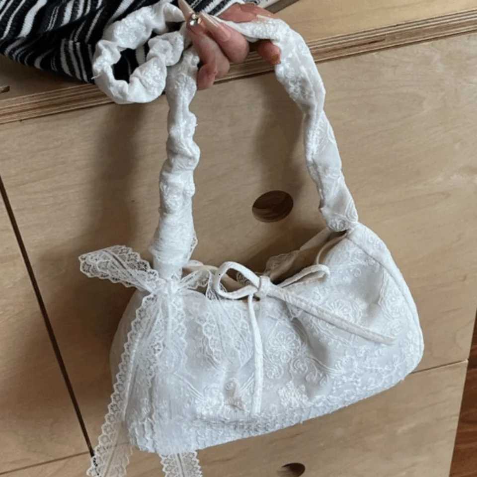 Tote Bag Lace Shoulder Bag Pleated Strap With Ribbon Simple Canvas Handbag Cloth Korean Style Large Capacity Bag SchoolT251110