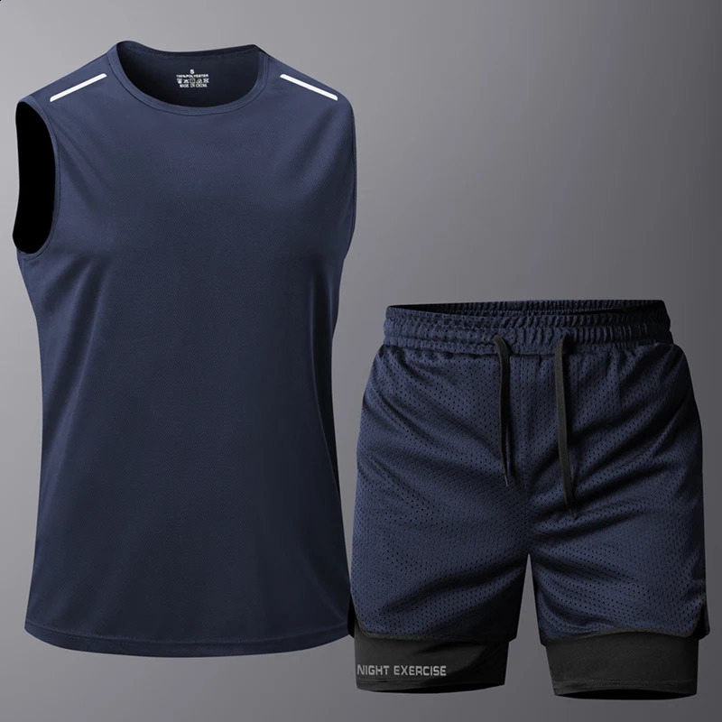 Mens twopiece sportswear summer breathable quick drying gym fitness set running sleeveless Tshirt shorts 250411