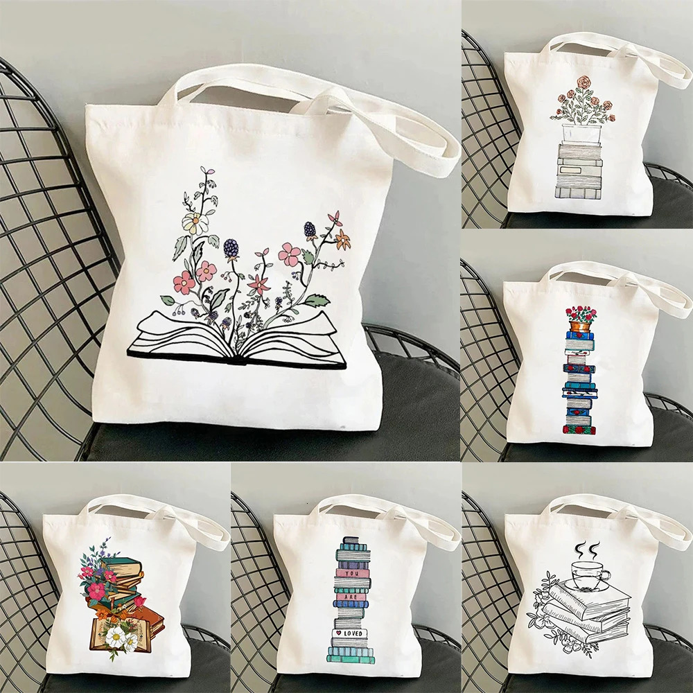 Book Lover Floral Canvas Tote Bag Cute Large Capacity Shoulder for Reading Enthusiasts Perfect Commute School 251110