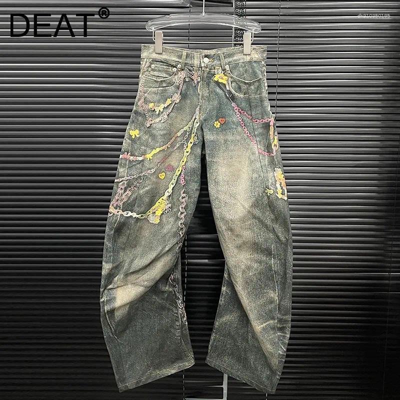 Men's Jeans Fashion Women's 3D Chain Printed Contrast Color Niche Design High Waist Casual Denim Pants Female Trendy 11A04071