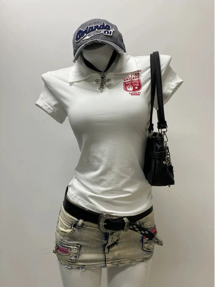 Deeptown Y2k White Vintage Womens T-Shirts Harajuku Short Sleeve Harajuku Printed American Style Tees Polo Collar Slim Gyaru 250410