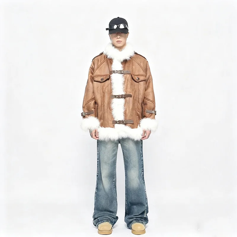 ReddaChic Faux Fur Suede Leather Bomber Jacket Men Buckle Belt Turtleneck Fleece Lined Warm Winter Coat Vintage Punk Outerwear 251106