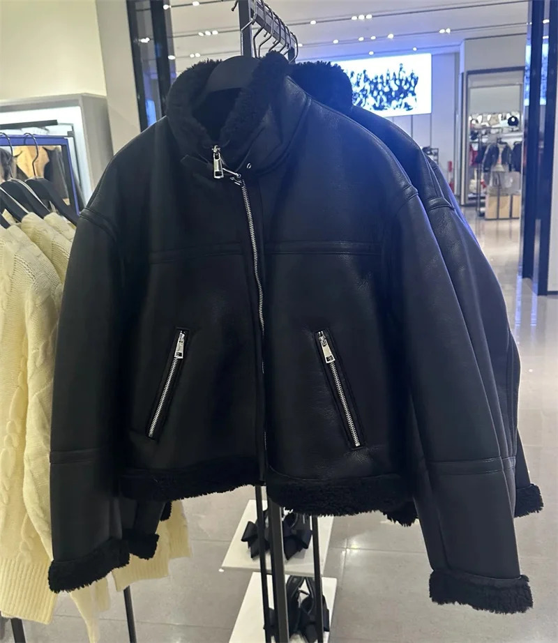 Womens Jacket Winter Style Black Long Sleeve Faux Leather Fleece Lined Warm Jacket Casual Fashion Versatile 251105