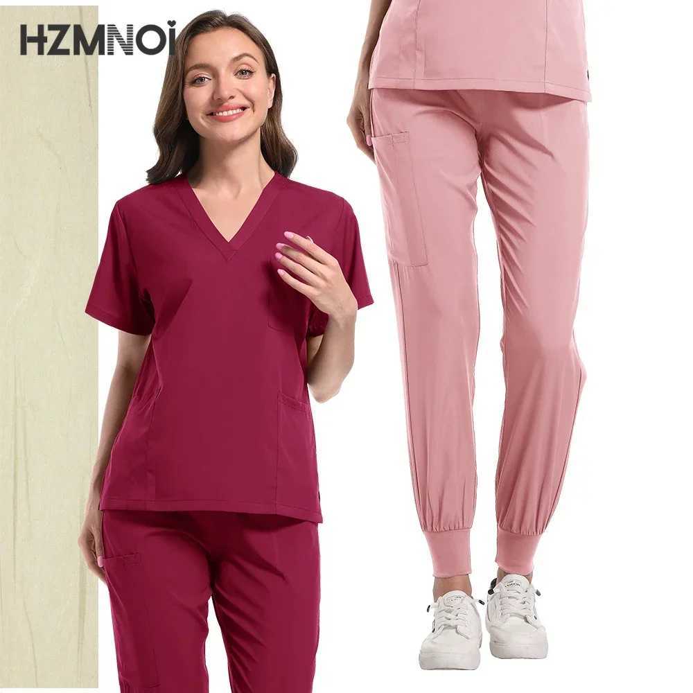 Scrubs Uniform Suit Short Slve V-neck Tops+jogger Pants Set Nursing Uniform Women Multicolor Pet Doctor Scrub Medical Workwear X2504101