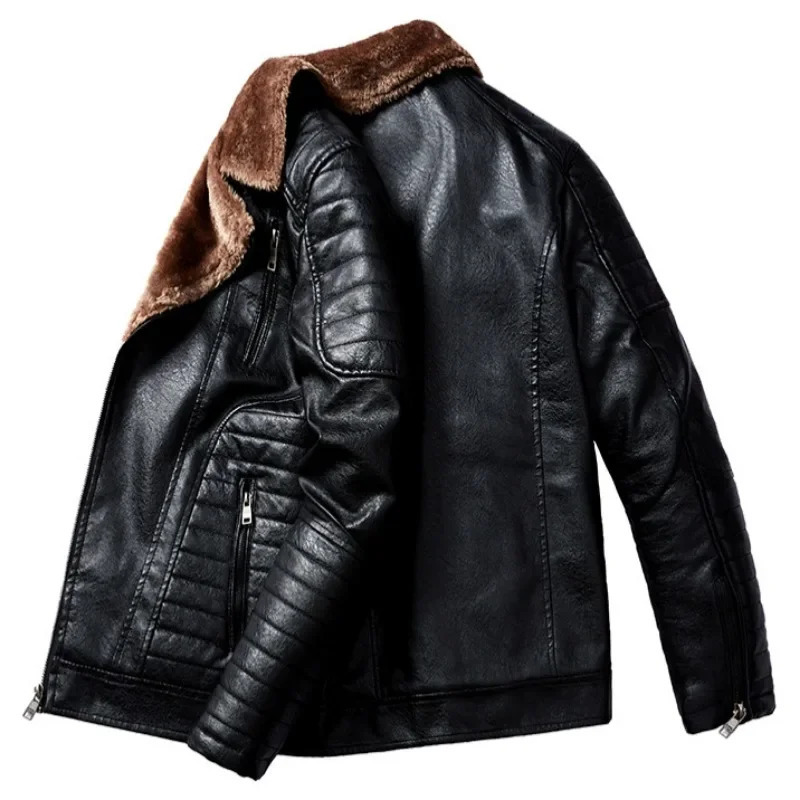Men Leather Jacket Fur Integrated Locomotive Leather Jacket Coats Long Sleeve Zipper Fur Collar Motorcycle Outwear Faux Leather 251110