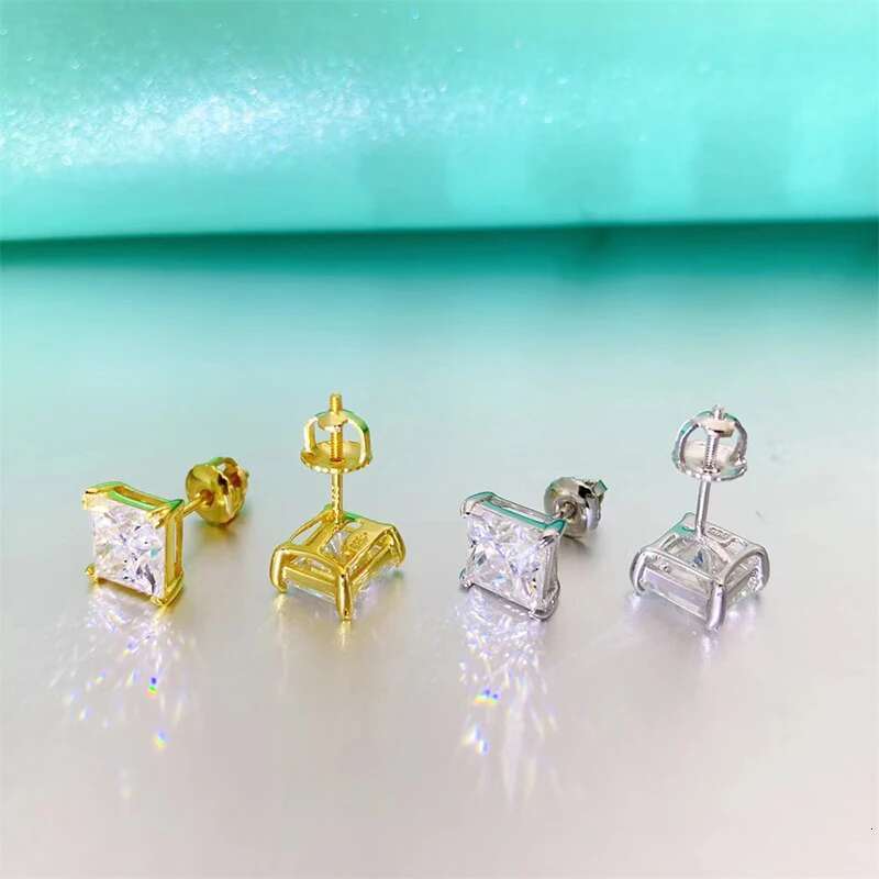 Trendy 0.4-3ct Real D Color VVS1 Princess Moissanite Earrings Screw Back for Women 925 Sterling Silver Diamond Stud Earrings