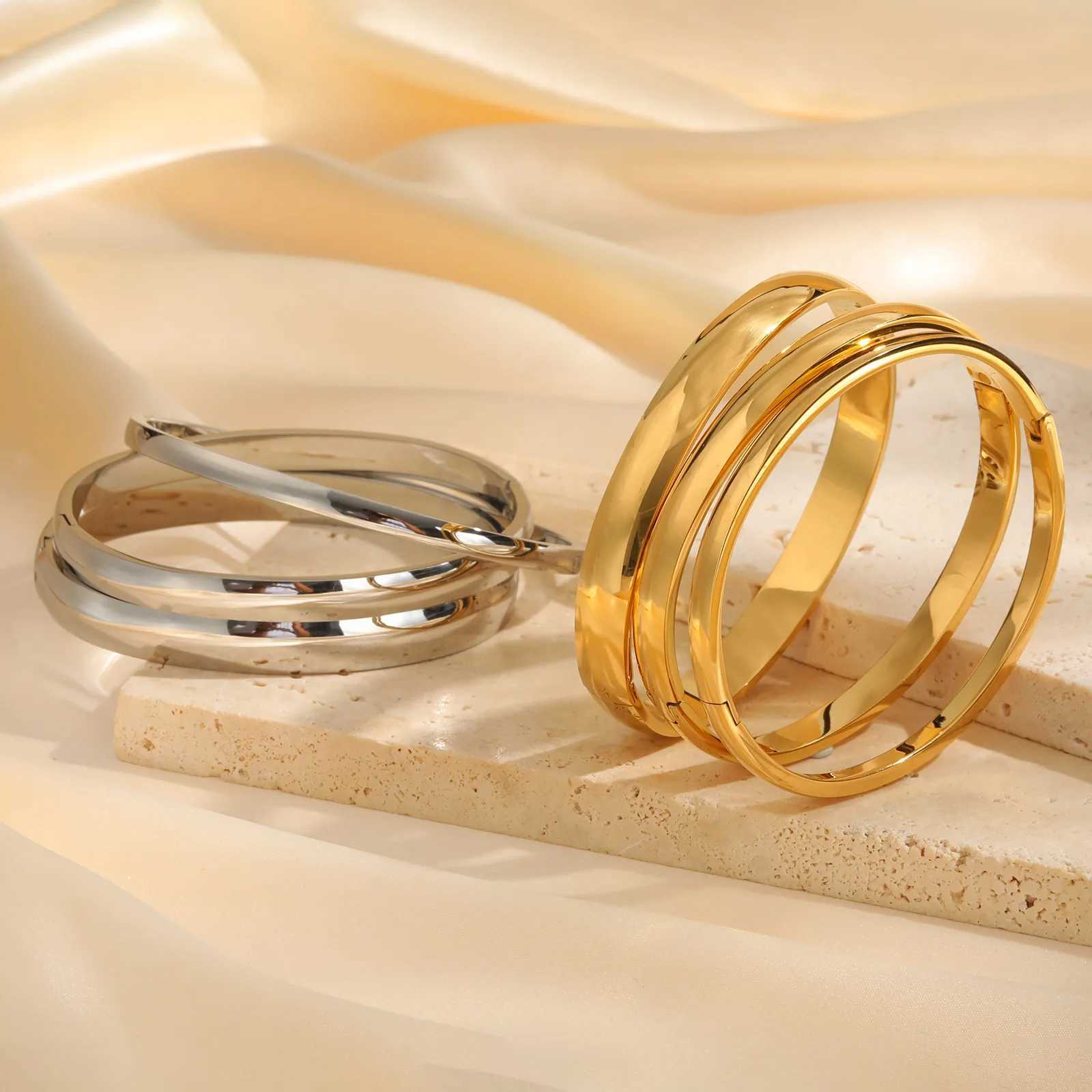 4/5.7/7.7mm Stainless Steel Smooth Bracelets Bangles for Women 18K Gold Plated Classic Openable Bracelet Jewelry AccessoriesC250410