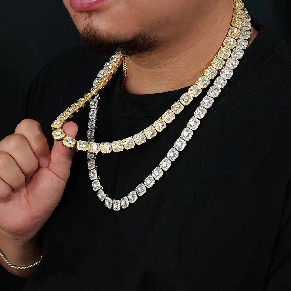 Hip Hop Iced D Color VVS 925 Sterling Silver Tennis Square Suger Chain Necklace Moissanite Diamond for Men