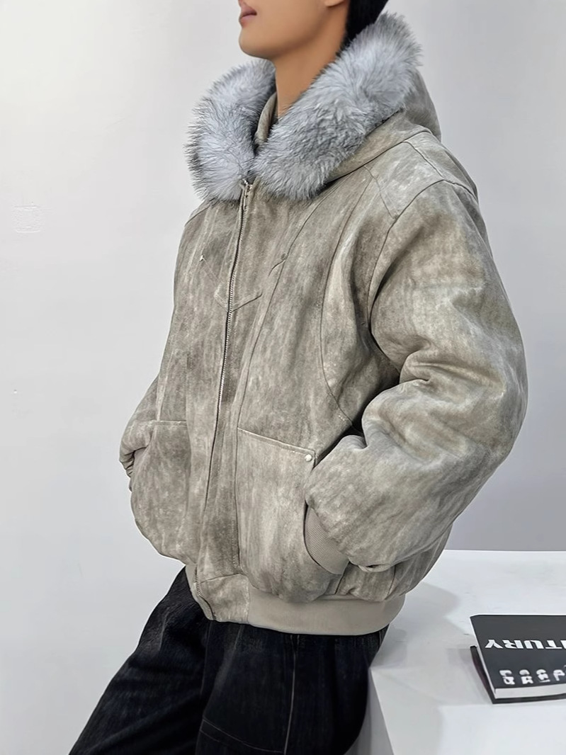 Men's Faux Fur Zip Jacket Y2k Collar High Street Fashion Design Pullover Harajuku Casual American Warm Thicken Cardigan Coat Parkas