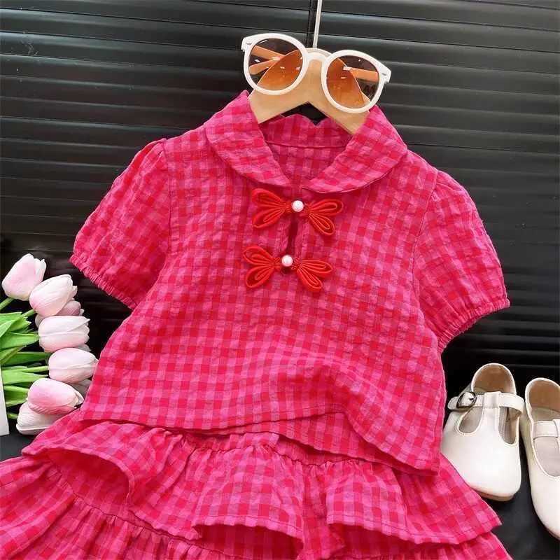 Baby girl set summer girl skiing set childrens top+skiing 2pic childrens red checkered cute set 1-9 years old fashionable clothing for teenagersXJ2504