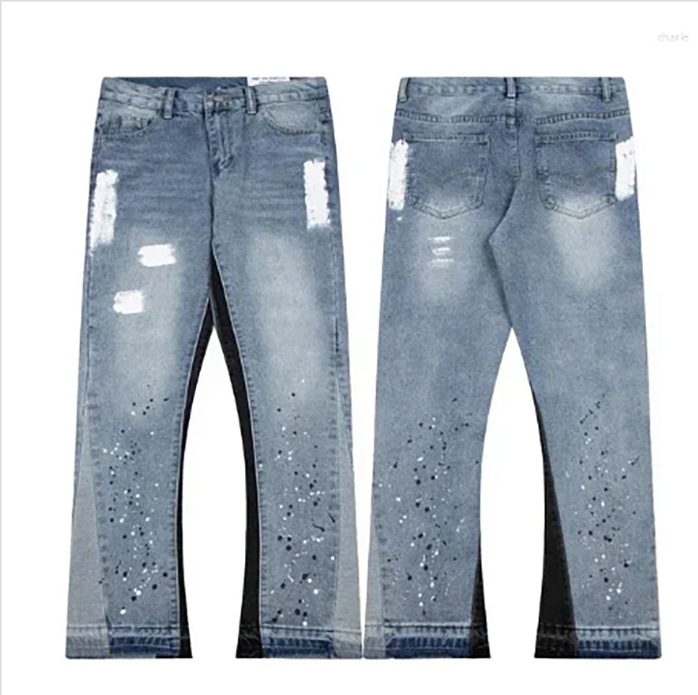 Men's Jeans Trendy High Street 2025 high street splashed ink ripped patchwork jeans for men and women trendy brand American straight slim micro-flared trousers